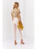 Short floral envelope blouse with a belt, beige and yellow 02041 - Online store - Boutique